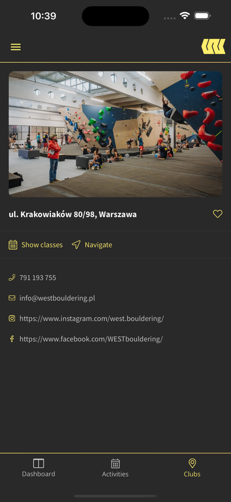 West Bouldering - Tela do aplicativo West Bouldering exibindo informações de localização da academia com detalhes de contato e opções de navegação