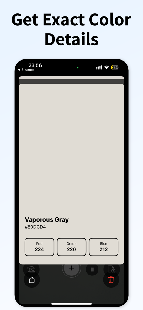 Color Finder ™ - Captura de tela da interface do aplicativo Color Finder exibindo os valores HEX e RGB exatos para uma cor específica