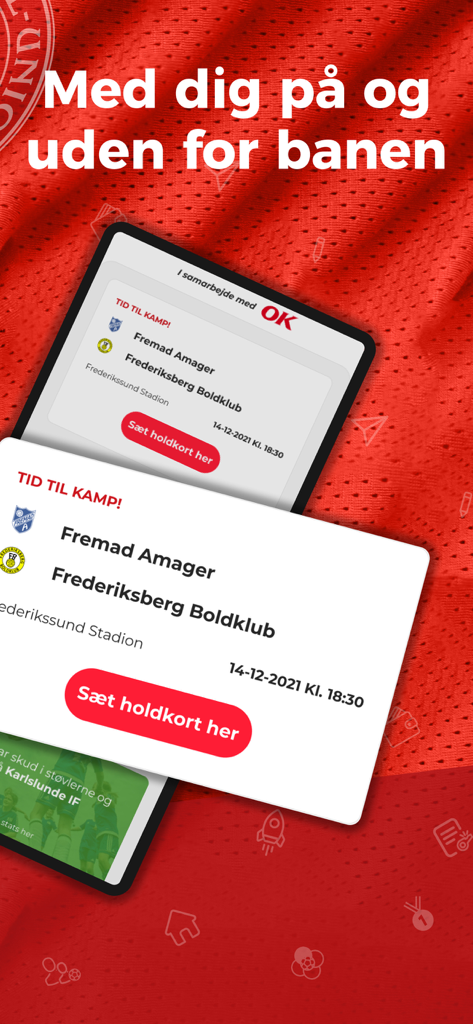Fodbold app screen showing match logistics for Fremad Amager and Frederiksberg Boldklub