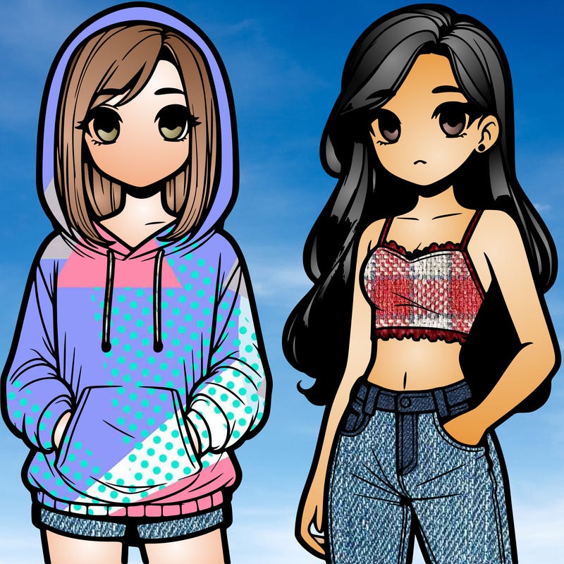 two teenager girls one wearing a hoodie and shorts and the other way and crop top and jeans