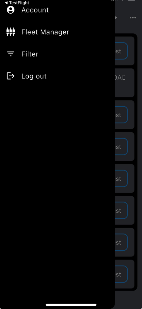 Shelly FMA - El menú de navegación lateral de la aplicación Shelly FMA mostrando opciones para Cuenta, Fleet Manager, Filtro y Cerrar sesión.