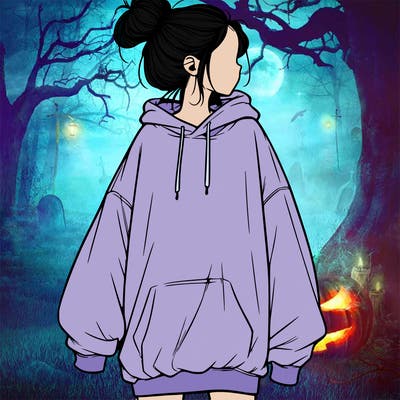realistic girl with a oversized sweatshirt on and a bun