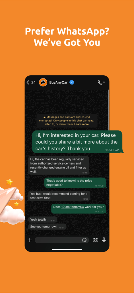 BuyAnyCar - WhatsApp chat interface within the BuyAnyCar app for buyers to message sellers directly about vehicle listings