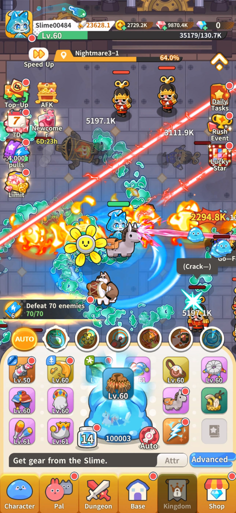 Pew Pew Slime - Idle RPG - Una captura de pantalla de la jugabilidad de Pew Pew Slime que muestra el combate bullet-hell y el menú de equipo del personaje.