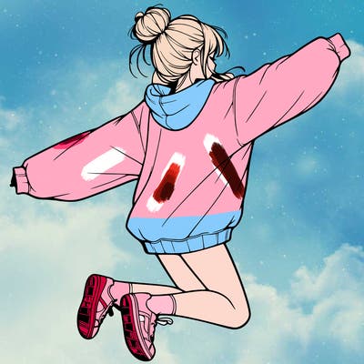 realistic girl jumping with a bun and oversized sweatshirt