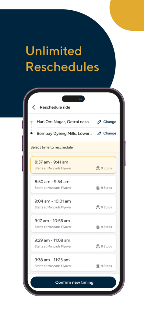Cityflo app interface for rescheduling a bus ride with multiple time options.