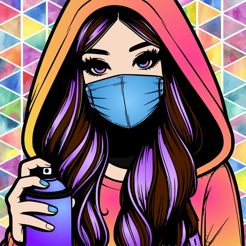 girl wearing a mask with long hair with her hood up spray-painting realistic