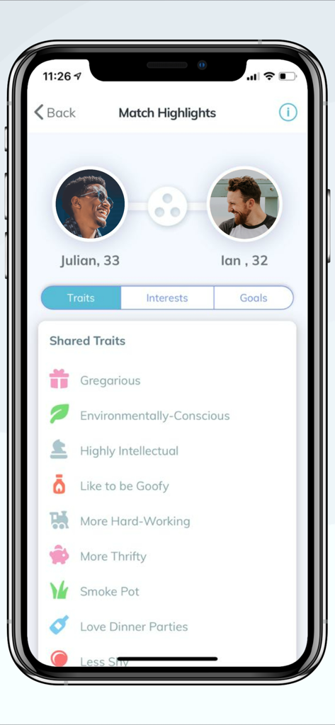 We3: Meet New People in Groups - We3 app interface displaying shared personality traits between potential friend matches