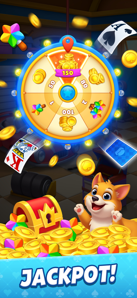 Solitaire Story - A colorful prize wheel and a cheerful dog with a treasure chest of gold coins in Solitaire Story