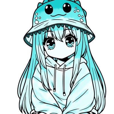 girl with anime shaped eyes with a dinosaur bucket hat oversized sweatshirt long straight hair