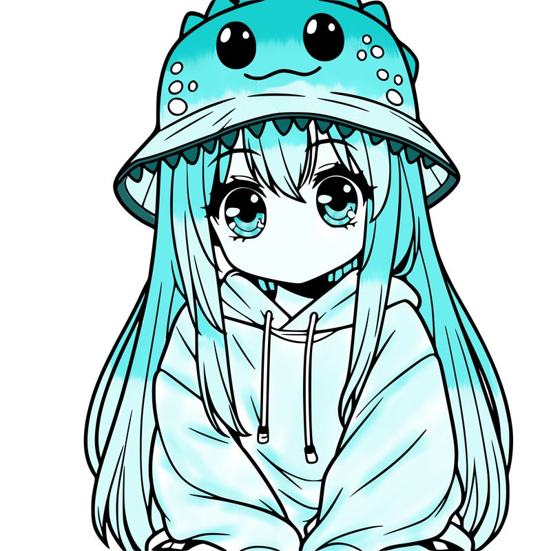 girl with anime shaped eyes with a dinosaur bucket hat oversized sweatshirt long straight hair