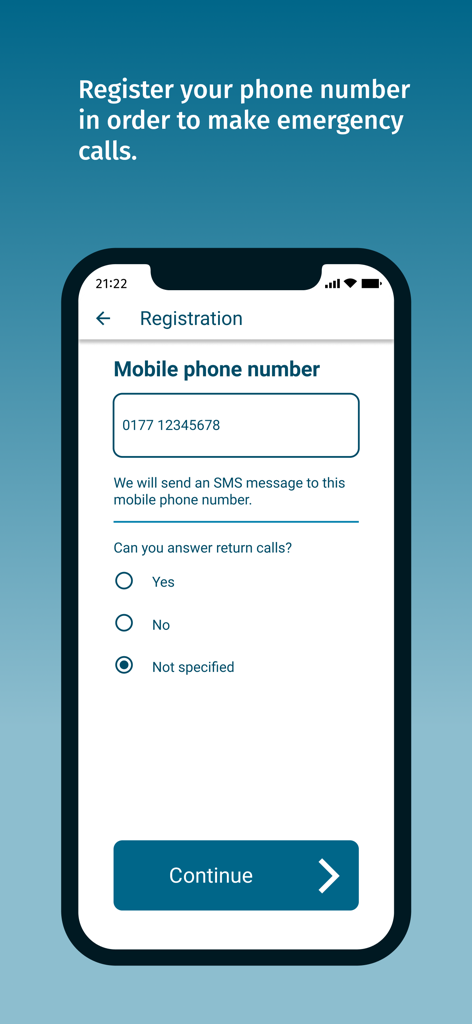 nora - Emergency Call App - nora app registration screen for entering a mobile phone number and selecting return call preferences
