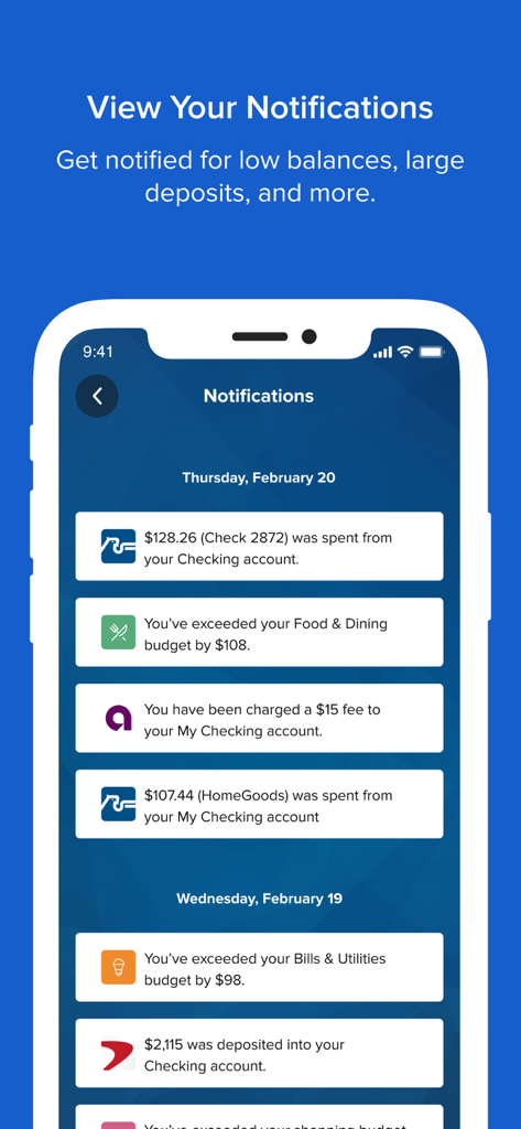 Una pantalla de aplicación móvil que muestra notificaciones y alertas financieras para la aplicación America First Credit Union.