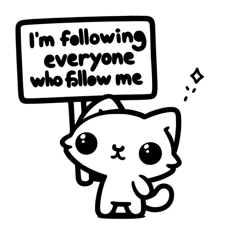 tiny cartoon cat holding a sign that says i'm following everyone who follows me