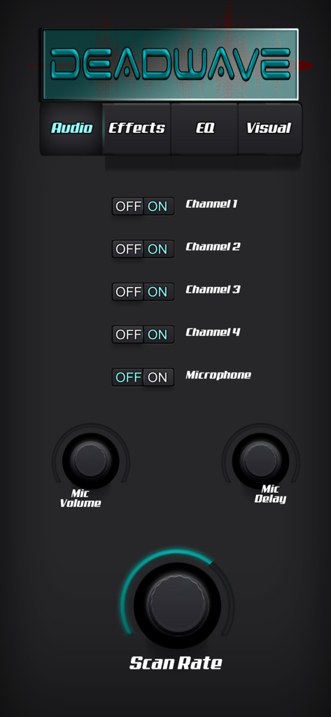 DeadWave - Interface of the DeadWave app showing audio channels and scan rate controls