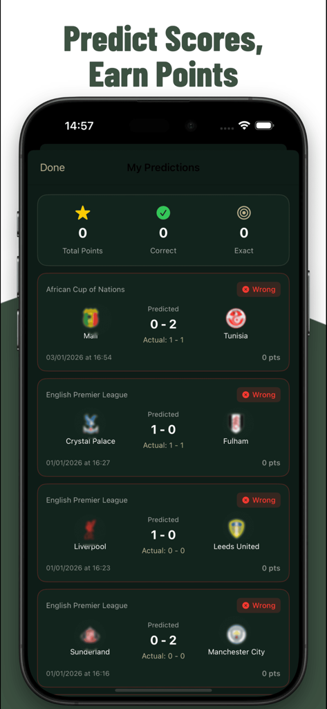 kuki football : Live Chat - Mobile app interface showing a user score predictions history for football matches with total points and results