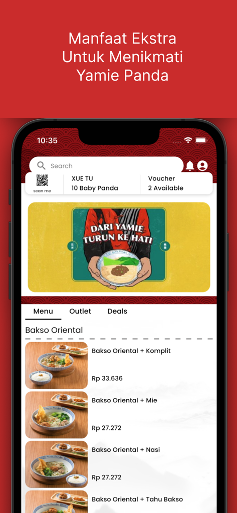 Yamie Panda - Yamie Pandaアプリのメニュー画面。麺料理のオプションとロイヤルティ特典ポイントが表示されています。