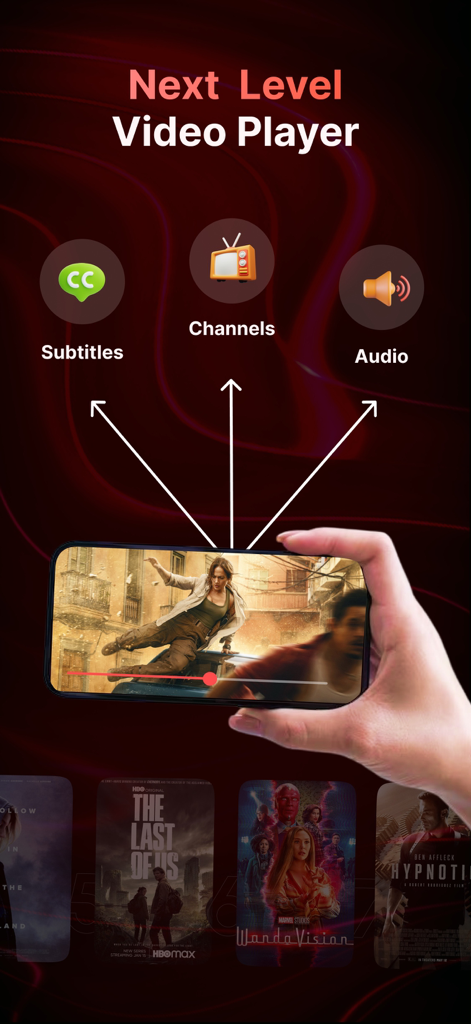 Smartphone mit einer Videoplayer-Oberfläche mit Schnelleingabe-Symbolen für Untertitel, Kanäle und Audioeinstellungen
