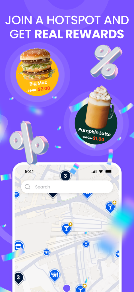 Purple - WiFi Map - Purple app screen showing a map of WiFi hotspots with real rewards like food and drink discounts.