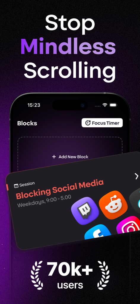 Enso - Social Media Blocker - Interfaz de la aplicación Enso que muestra una sesión de bloqueo de redes sociales para detener el scroll sin rumbo