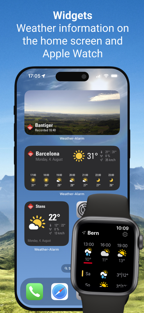 Weather Alarm: Switzerland - Widgets de Weather Alarm Switzerland en la pantalla de inicio de iPhone y Apple Watch que muestran cámaras web en vivo y pronósticos meteorológicos