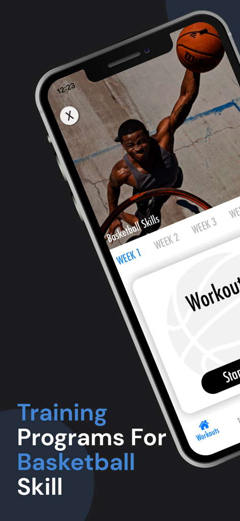 Basketball Training & workouts - Pantalla de smartphone que muestra programas de entrenamiento de baloncesto y un jugador realizando un mate