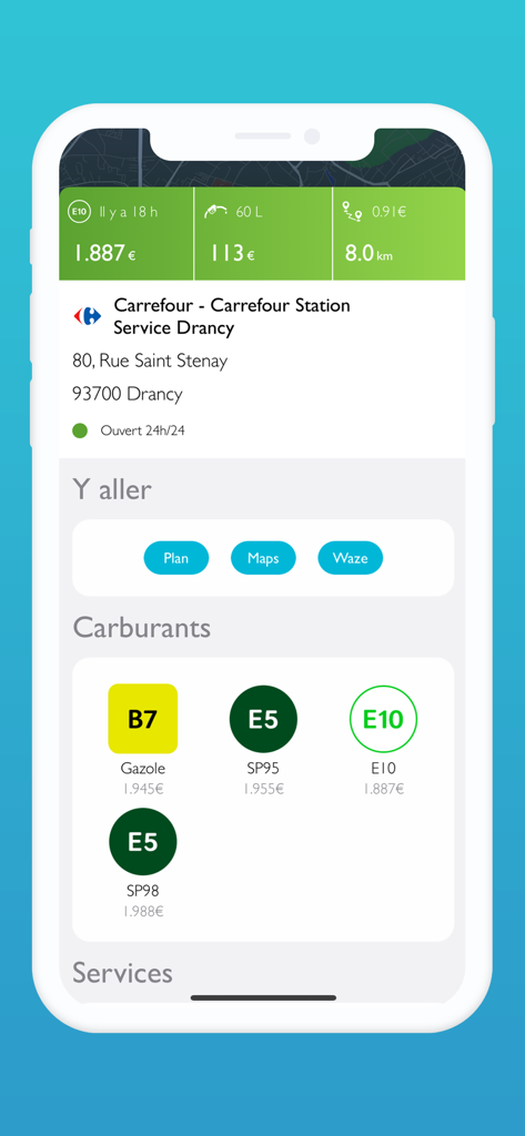 Prix Carburant - France - Écran de l'application mobile montrant les prix du carburant et les options de navigation pour une station-service Carrefour en France