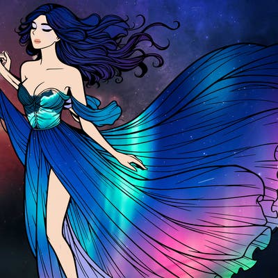 realistic woman in dress flowing the the wind