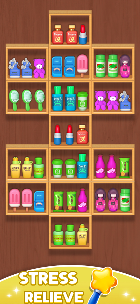 Goods Sorting Triple Match 3D - A 3D puzzle game screen showing various items like cosmetics and toys organized on wooden shelves for stress relief
