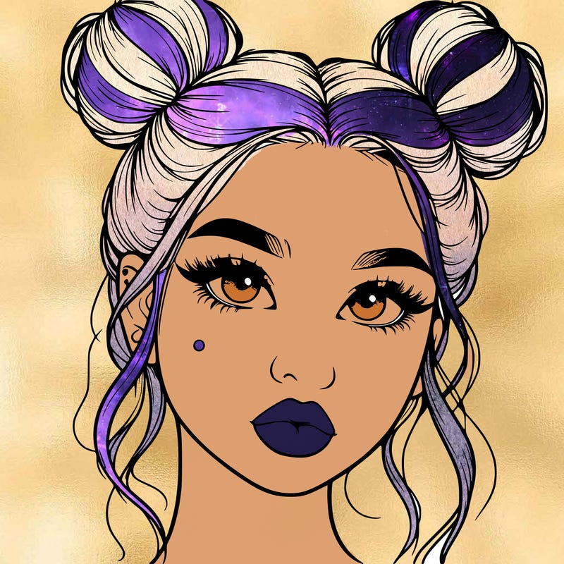 realistic girl with two buns on her hair and lips