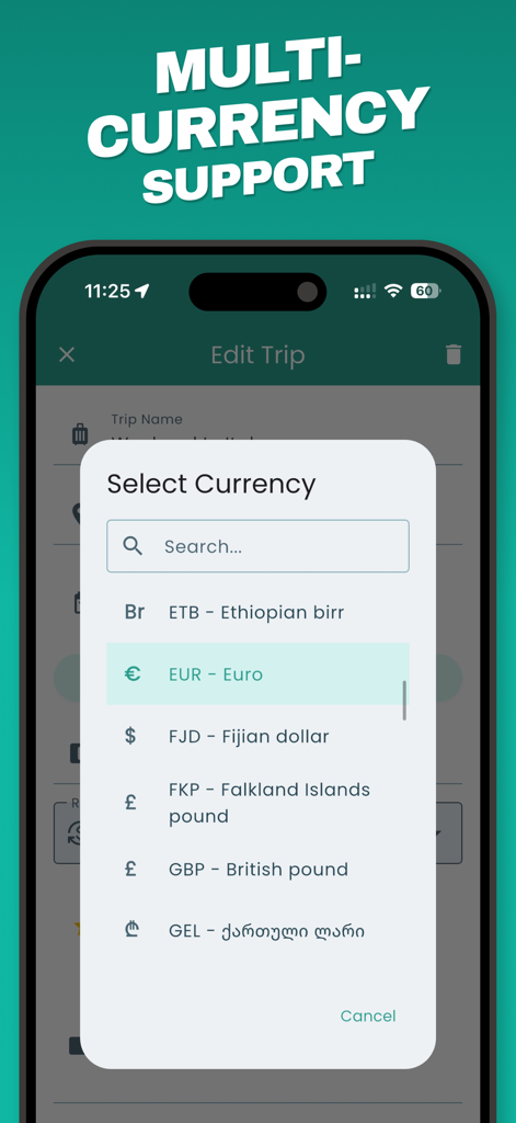 Schermata dello smartphone che mostra il menu di selezione multivaluta nell'app di spese di viaggio Spentrip.