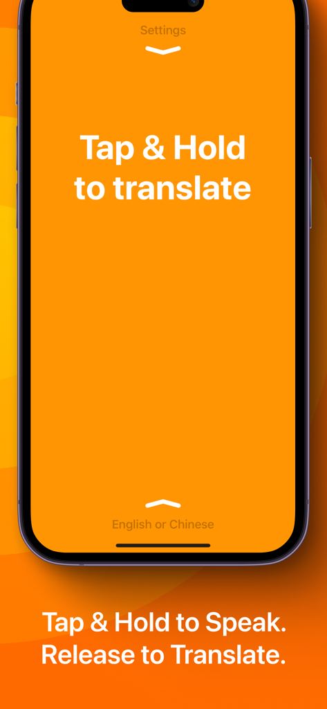 A mobile phone screen displaying the iTranslate Converse app with the instruction Tap and Hold to translate on an orange background