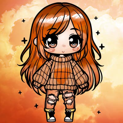 chibi girl with ripped jeans,long hair, and an oversized sweater