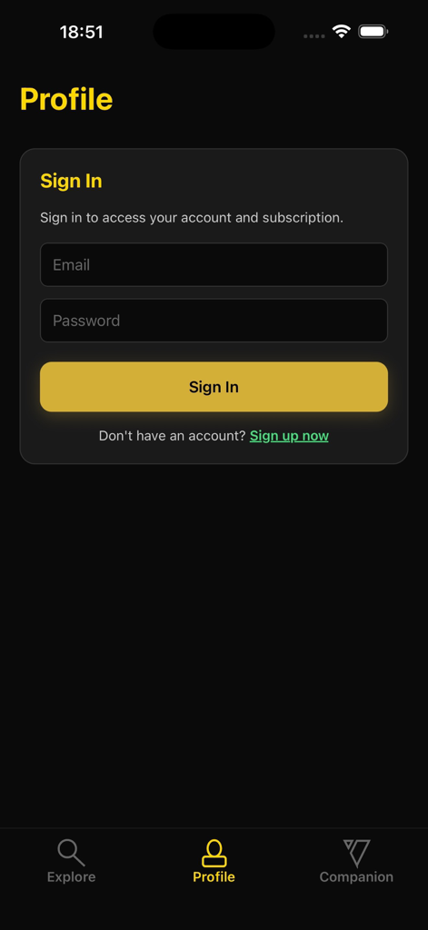 FUTGenie - The sign in screen of the FUTGenie mobile app featuring email and password input fields and a yellow sign in button