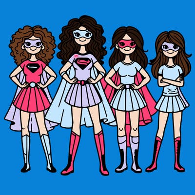 superhero girls with curly hair and short skirt and shirt 4 girls