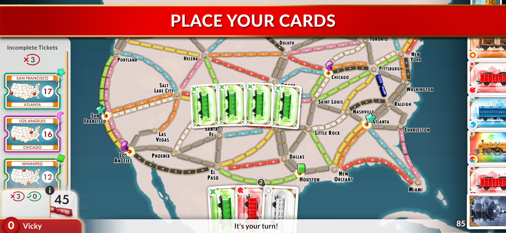 A screenshot of the Ticket to Ride Companion app showing a digital game map of the USA with train cards and incomplete destination tickets during a player turn.