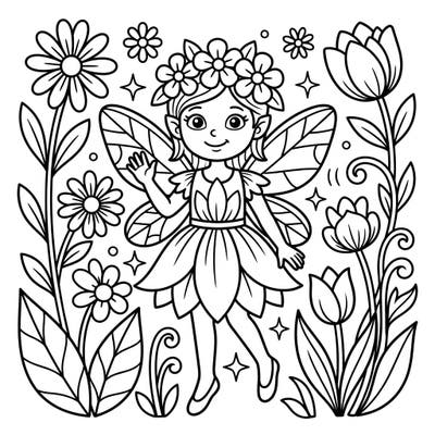 Introduce your little artist to the magical world of flower fairies with this delightful coloring page. Designed with ultra-thick lines and simple shapes, it's perfect for toddlers to easily color and enjoy.