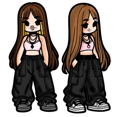 girl in baggy pants crop top and long hair