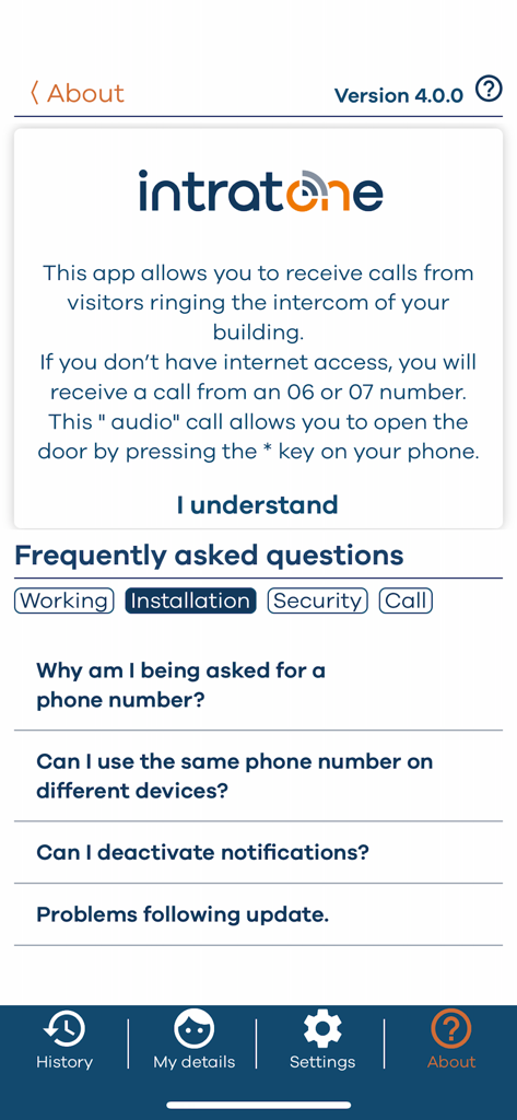 My Intratone - My Intratoneアプリの「アプリについて」ページのスクリーンショット。インターホン通話の説明と、インストールとセキュリティに関するよくある質問が表示されています。