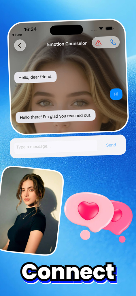 Fuset - Interface of the Fuset app showing a chat conversation with an AI Emotion Counselor character