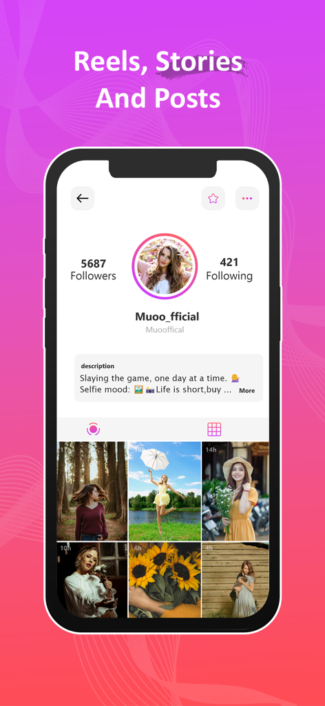 InstSaver - A screenshot of InstSaver app showing an Instagram-style profile with followers count and a photo grid for Reels and Stories