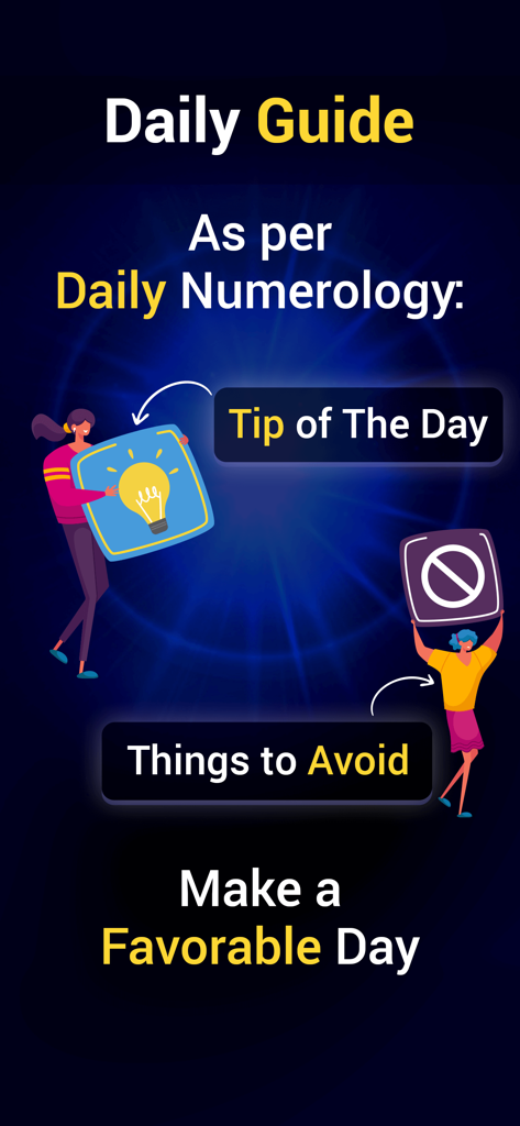 Numerology - Numbers & You - Una pantalla de guía diaria de la aplicación Numerología que muestra las secciones Consejo del Día y Cosas a Evitar.