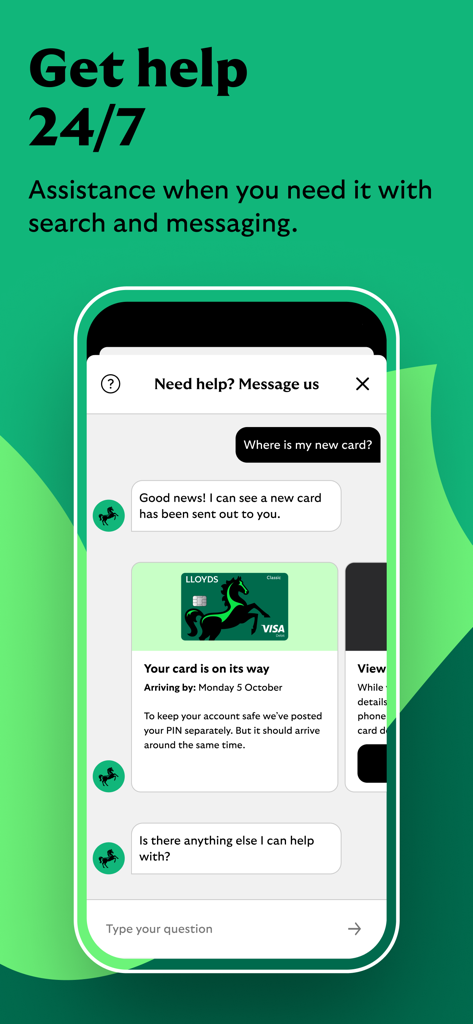 Lloyds Mobile Banking - Application Lloyds Mobile Banking montrant l'interface de chat de support client 24h/24 et 7j/7