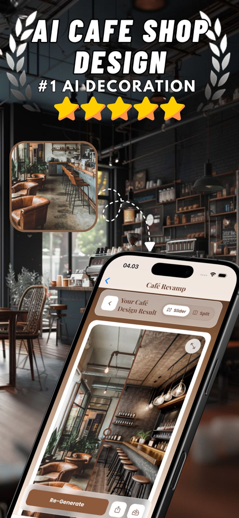AI app interface showing a room transformed into a stylish industrial cafe design