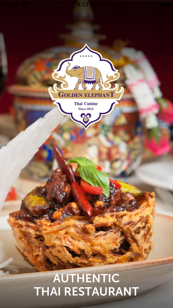 Pantalla de bienvenida de la app G-Thai con el logo del Elefante Dorado y un plato tailandés auténtico