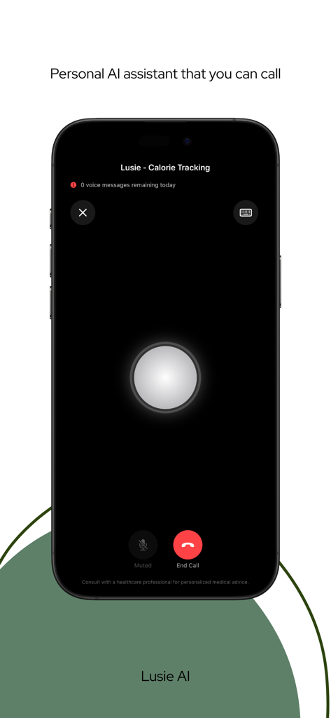Interfaz de la aplicación móvil para una llamada de voz con el asistente de dietista personal de IA de Lusie.