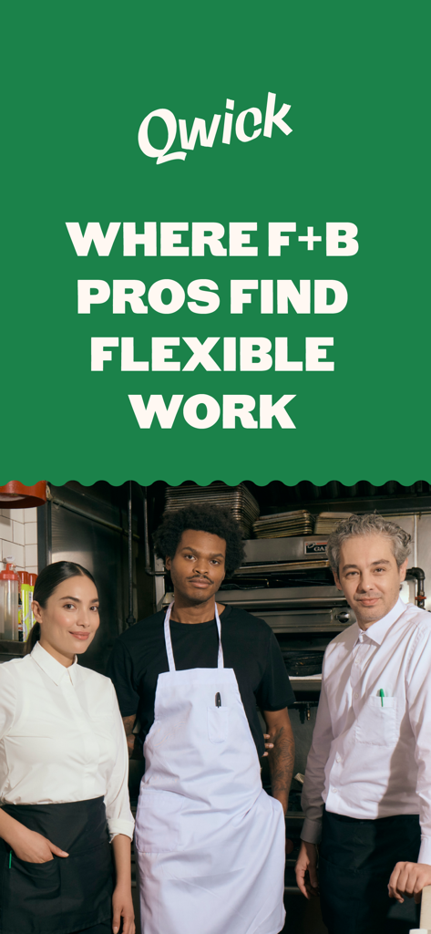 Qwick for Professionals - Three hospitality professionals on the Qwick app screen for flexible F and B work