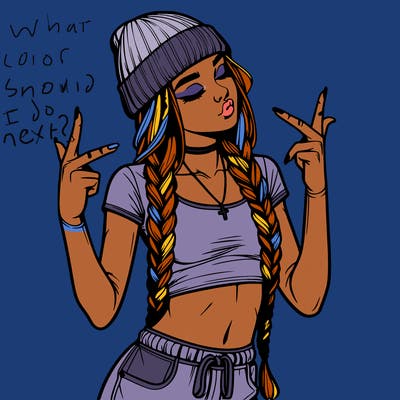 realistic teenage girl with braids and a beanie and crop top doing 🫶🏼
