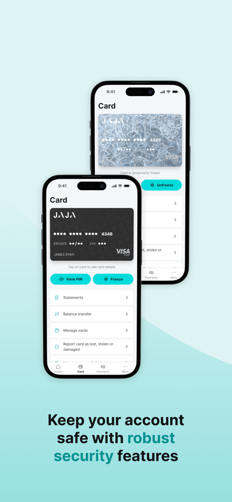 Jaja Credit Card - Interface de l'application Carte de crédit Jaja montrant des fonctionnalités de sécurité robustes, y compris les options de blocage et de déblocage de carte