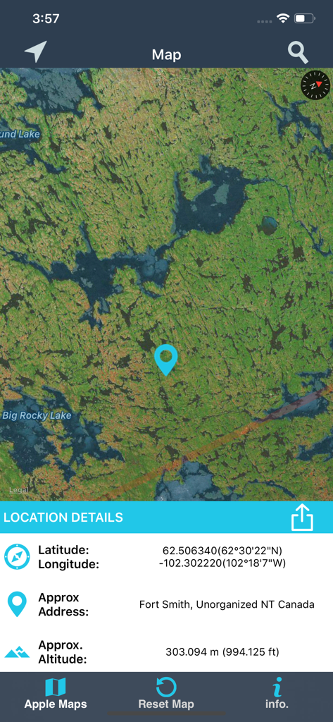 Find My Location details - Find My Location app interface showing satellite map view with precise GPS coordinates and altitude details